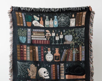 Witches Bookshelf Throw Blanket: Spooky Woven Cotton Throw for Halloween, Skulls Black Cat Potions, Cute Magic Goth, Dark Cottagecore Unique