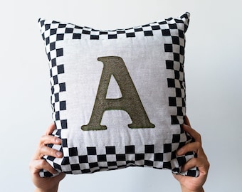 Personalized Monogram Pillow: Custom Initial, Black and Off White Woven Throw Pillow, Toss Cushion, Kids Room Decor, Dorm Decor