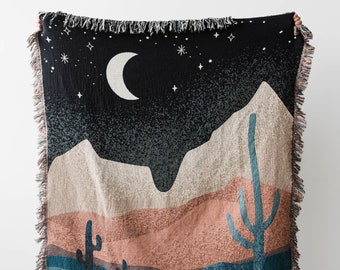 Desert Night Cactus Throw Blanket: Earth Tones Woven Cotton Throw, Southwest Nature Moon, Boho Western Decor, Gender Neutral Kids Nursery