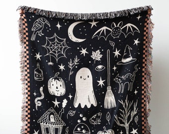 Halloween Throw Blanket: Cute Ghost Decor, Moon Bat Spider, Orange Black Checkered, Unique Whimsical, Kawaii Spooky Creepy Witchy, Maximal