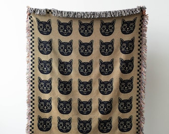 Black Cats Blanket: Checkered Green Throw for Animal Lover, Unique Quirky Halloween Decor, Cute Cozy Kawaii Gift, Maximalist Home, Whimsical