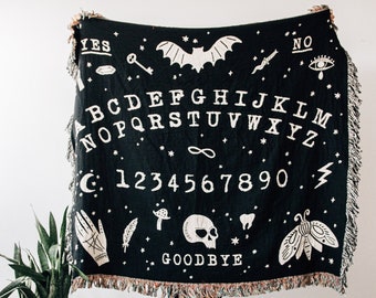 Ouija Board Woven Blanket: Spirit Board Throw, Halloween Goth Occult, Spooky Creepy Decor, Witch Decor, Skull Bats Black