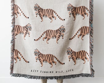 Tiger Personalized Throw Blanket: Jungle Decor, Maximalist Bedroom, Woven Cotton Throw for Nursery, Cute & Funny Gift for Animal Lovers