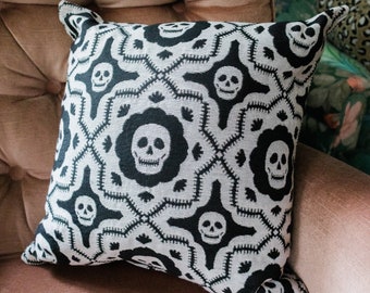 Skull Pillow: Halloween Woven Throw Pillow, Spooky Cushion, Fall Autumn Home Decor, Black and White