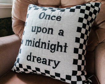 Halloween Pillow: Once Upon A Midnight Dreary Woven Throw Pillow, Poe Checker Holiday Cushion, Fall Autumn Home Decor, Black and White