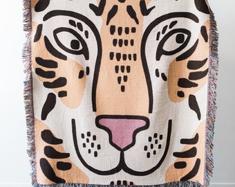 Tiger Throw Blanket: Woven Cotton Throw, Cute & Funny Gift for Animal Lovers, Jungle Decor, Bold Unique Maximalist, Artistic Quirky Home