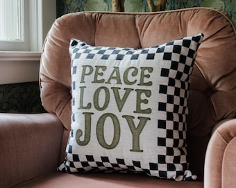 Christmas Pillow: Peace Love Joy Woven Throw Pillow, Checker Holiday Cushion, Winter Home Decor