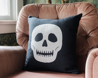 Skull Pillow: Halloween Woven Throw Pillow, Spooky Cushion, Fall Autumn Home Decor, Black and White