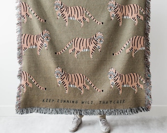 Tiger Personalized Blanket: Earth Tones Green Jungle Decor, Maximalist Bedroom, Woven Cotton Throw for Nursery, Cute Gift for Animal Lovers