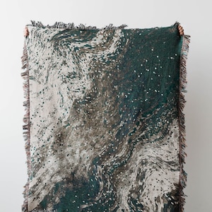 Green Marbled Blanket: Abstract Woven Cotton Throw, Unique Decor, Dark Cottagecore Boho, Eclectic Aesthetic Dorm Room, Gift for Her, Maximal