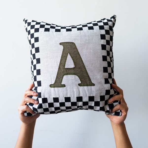 Personalized Monogram Pillow: Custom Initial, Black and Off White Woven Throw Pillow, Toss Cushion, Kids Room Decor, Dorm Decor