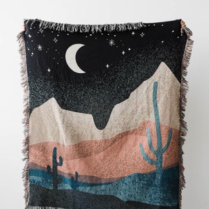 Desert Night Cactus Throw Blanket: Earth Tones Woven Cotton Throw, Southwest Nature Moon, Boho Western Decor, Gender Neutral Kids Nursery