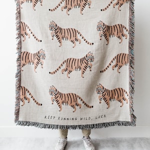 Tiger Personalized Throw Blanket: Jungle Decor, Maximalist Bedroom, Woven Cotton Throw for Nursery, Cute & Funny Gift for Animal Lovers image 1