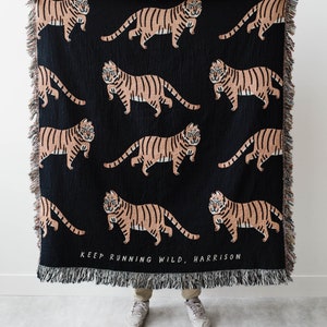 Tiger Personalized Blanket: Black Jungle Decor, Maximalist Bedroom, Woven Cotton Throw for Nursery, Cute & Funny Gift for Animal Lovers