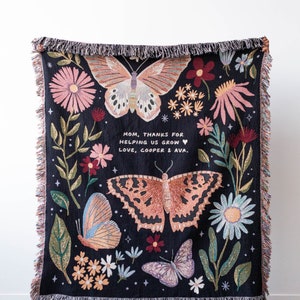 Personalized Gift Blanket: Butterfly Woven Throw, Grandparent or Mother&#39;s Day Present, Baby Name Shower, Maximalist Decor, Dark Boho Nursery