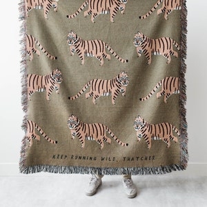 Tiger Personalized Blanket: Earth Tones Green Jungle Decor, Maximalist Bedroom, Woven Cotton Throw for Nursery, Cute Gift for Animal Lovers