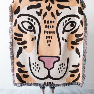 Tiger Throw Blanket: Woven Cotton Throw, Cute & Funny Gift for Animal Lovers, Jungle Decor, Bold Unique Maximalist, Artistic Quirky Home