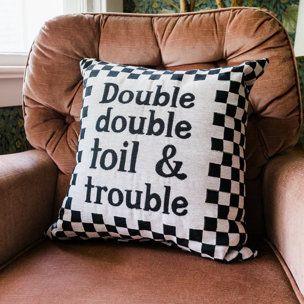 Halloween Pillow: Double Double Toil & Trouble Woven Throw Pillow, Macbeth Checker Holiday Cushion, Fall Autumn Home Decor, Black and White