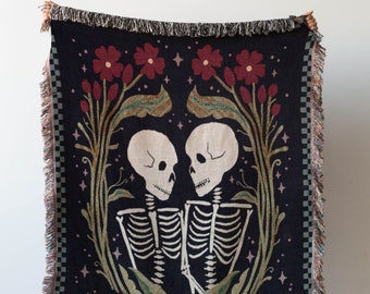 Skeleton Woven Blanket: Unique Spooky Couple Gift, Custom Wedding Anniversary Valentines Present, Halloween Goth Whimsigoth, Dark Maximalist