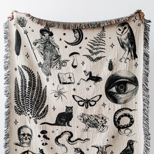 Witchy Personalized Throw Blanket: Woven Cotton Throw, Magic Celestial Skull, Bat Snake Owl Eye, Spooky Goth Creepy Decor, Christmas Gift
