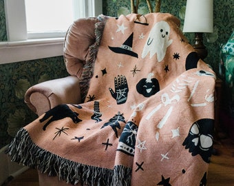 Halloween Woven Blanket: Cute Kawaii Ghost, Goth Occult Creepy Decor, Witch Decor, Colorful Maximalist, Whimsical Unique Bedding