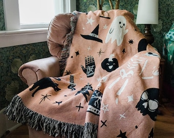 Halloween Woven Blanket: Cute Kawaii Ghost, Goth Occult Creepy Decor, Witch Decor, Colorful Maximalist, Whimsical Unique Bedding