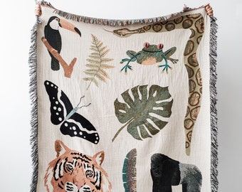 Jungle Blanket: Woven Cotton Throw, Personalized Gift, Cute Animals Tiger Toucan Frog, Colorful Maximalist, Tropical Kids Teen Bedding