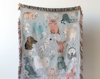 Dog Throw Blanket GREY : Woven Cotton Throw for Sofa, Animals Blanket, Home Decor Gift, Chocolate Lab, Bulldog, Dachshund, Husky, Chihuahua