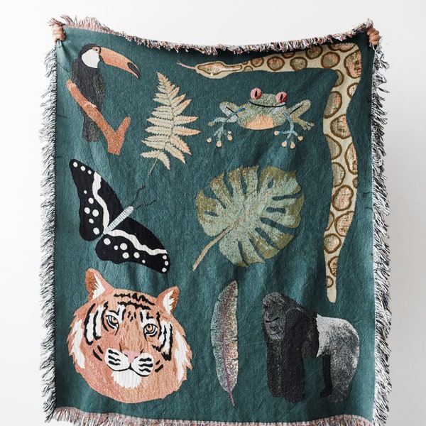 Emerald Green Tropical Personalized Throw Blanket: Woven Cotton Throw, Cute Jungle Animals, Tiger Gorilla Maximalist, Eclectic Unique Boho