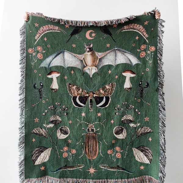 Green Creepy Nature Personalized Blanket: Woven Cotton Throw, Bat Scorpion Witch, Spooky Goth Insect Decor, Maximalist Dark Cottagecore