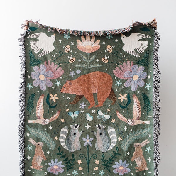 Woodland Animal Throw Blanket: Personalized Name, Cute Nature Gift, Bear Owl Raccoon Forest, Cozy Nursery Kids Room, Maximalist Boho Kawaii
