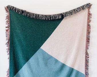 Color Block Woven Throw Blanket - Green & Blue Throw Blanket, Cotton Throw Blanket, Color Block Blanket, Throw Blanket Green