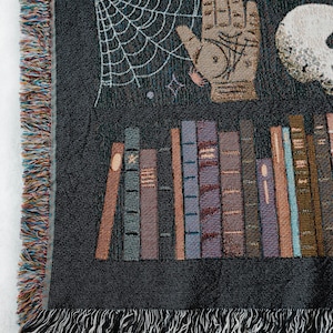 Witches Bookshelf Throw Blanket: Spooky Woven Cotton Throw for Halloween, Skulls Black Cat Potions, Cute Magic Goth, Dark Cottagecore Unique image 4