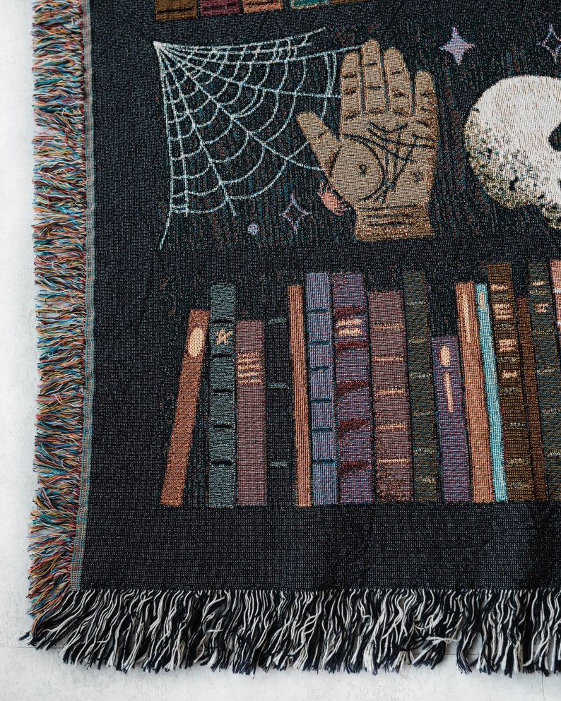 Witches Bookshelf Throw Blanket: Spooky Woven Cotton Throw for Halloween, Skulls Black Cat Potions, Cute Magic Goth, Dark Cottagecore Unique image 4