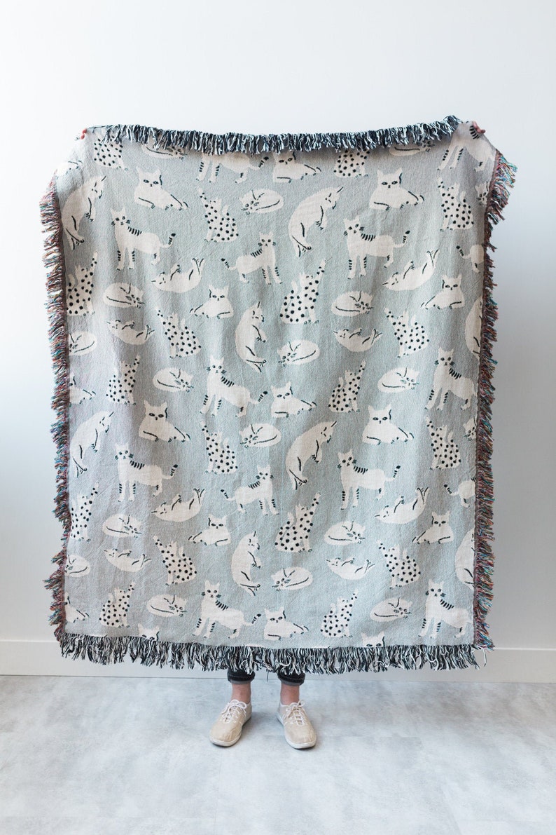 Grey Cats Blanket: Woven Cotton Throw, Kids Bedroom, Cute Kawaii Gift for Cat or Animal Lovers, Quirky Boho, Eclectic Unique Home Decor image 2
