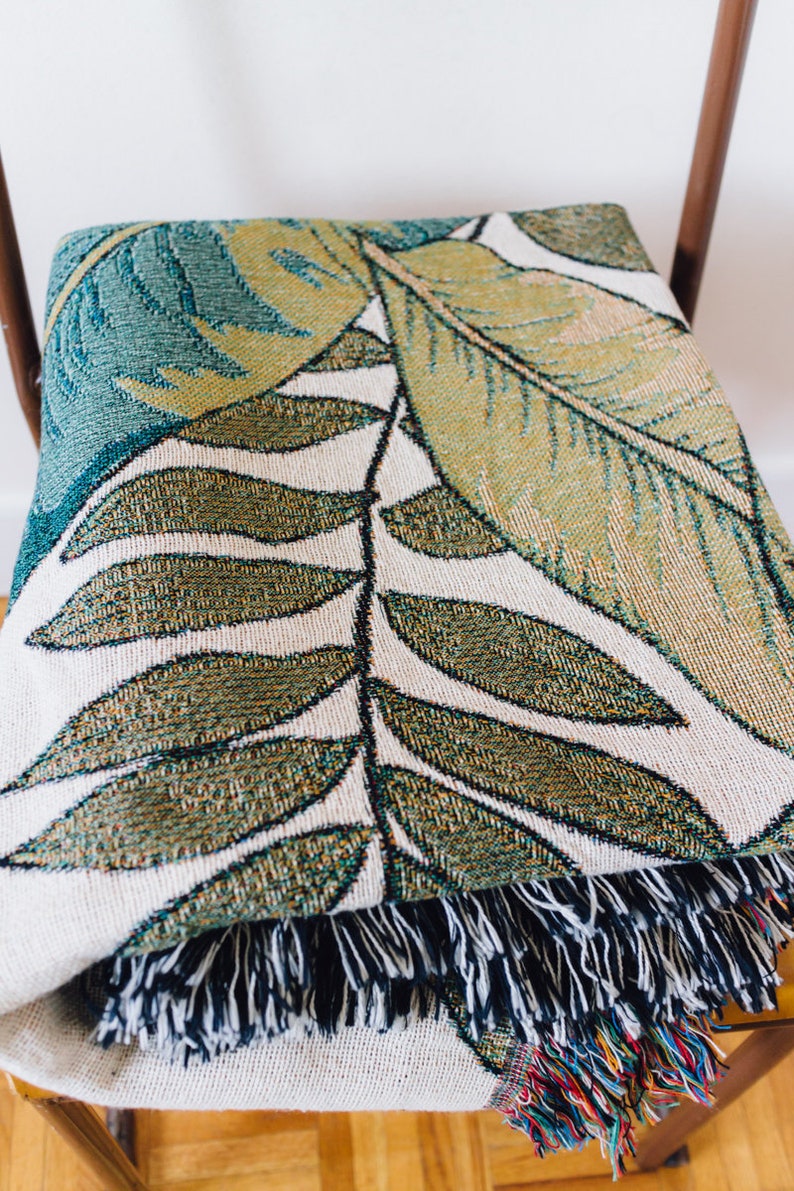 Palm Leaf Woven Throw Blanket Floral Banana Leaf Tropical Decor, Boho Jungle Home Nursery, Preppy Beach Maximalist Bedroom, Eclectic Plant image 6