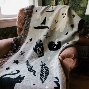 Halloween Woven Blanket: Cute Kawaii Ghost Throw, Goth Occult Creepy Decor, Spooky Creepy Witchy, Whimsical Unique