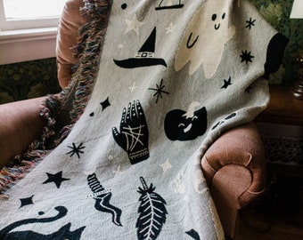 Halloween Woven Blanket: Cute Kawaii Ghost Throw, Goth Occult Creepy Decor, Spooky Creepy Witchy, Whimsical Unique