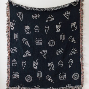 Snacks Woven Blanket: Funny Junk Food Decor, Pizza Hamburger Ice Cream Donut Fries Cupcake, Unique Whimsical Maximalist, Gift for Food Lover image 2