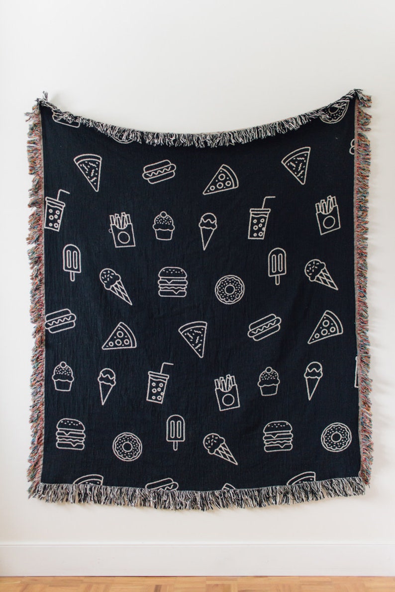 Snacks Woven Blanket: Funny Junk Food Decor, Pizza Hamburger Ice Cream Donut Fries Cupcake, Unique Whimsical Maximalist, Gift for Food Lover image 2