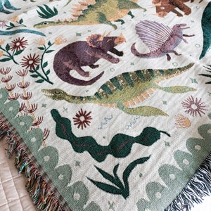 Dinosaur Woven Blanket: Unique Whimsical Maximalist, Kids Teen Bedroom, Cotton Bedding Throw, Cute Stegosaurus Brontosaurus Triceratops, image 2