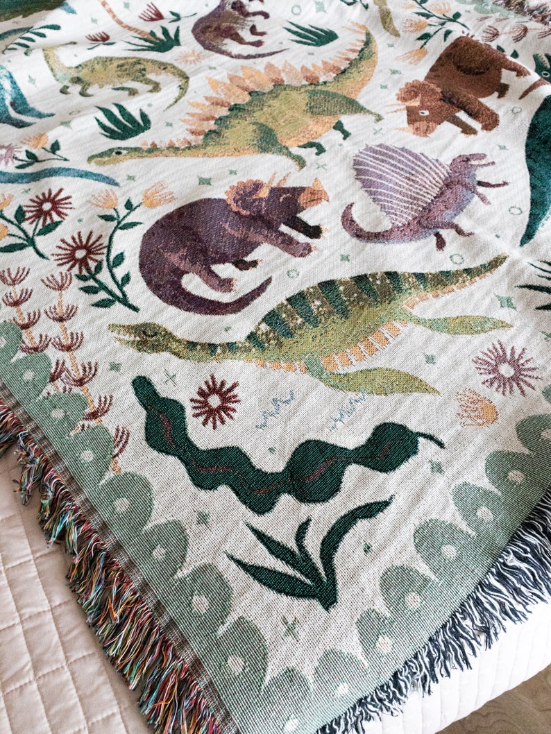Dinosaur Woven Blanket: Unique Whimsical Maximalist, Kids Teen Bedroom, Cotton Bedding Throw, Cute Stegosaurus Brontosaurus Triceratops, image 2