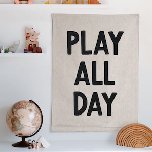 Play All Day Tapestry: Kids Woven Wall Hanging, Boho Nursery or Gender Neutral Kids Bedroom Art, Playroom Banner Sign Pennant