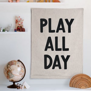 Play All Day Tapestry: Kids Woven Wall Hanging, Boho Nursery or Gender Neutral Kids Bedroom Art, Playroom Banner Sign Pennant