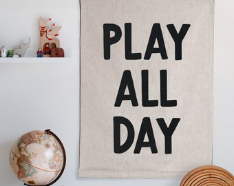 Play All Day Tapestry: Kids Woven Wall Hanging, Boho Nursery or Gender Neutral Kids Bedroom Art, Playroom Banner Sign Pennant