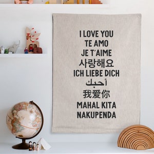 Love Language Tapestry: Woven Wall Hanging, Positive Boho Nursery or Gender Neutral Kids Bedroom, Spanish Korean Filipino Arabic Swahili