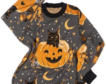 Pumpkin Kitty Knit Sweater: Halloween Crewneck, Dark Cottagecore