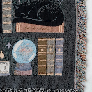 Witches Bookshelf Throw Blanket: Spooky Woven Cotton Throw for Halloween, Skulls Black Cat Potions, Cute Magic Goth, Dark Cottagecore Unique image 2