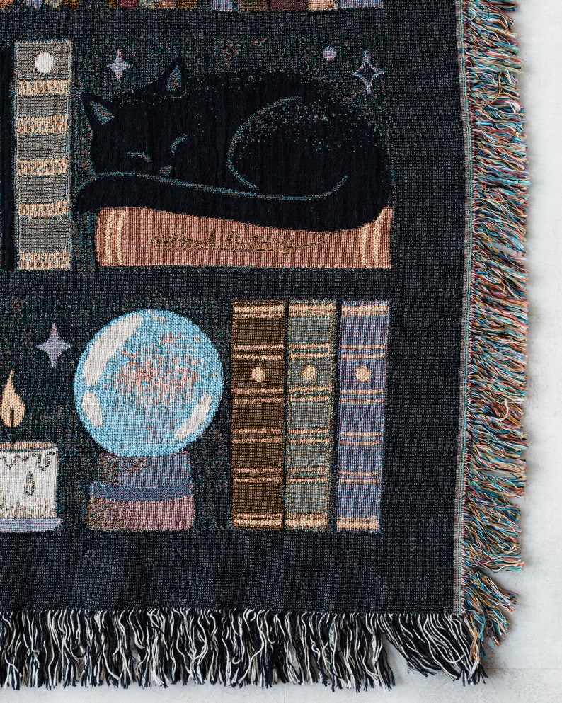 Witches Bookshelf Throw Blanket: Spooky Woven Cotton Throw for Halloween, Skulls Black Cat Potions, Cute Magic Goth, Dark Cottagecore Unique image 2