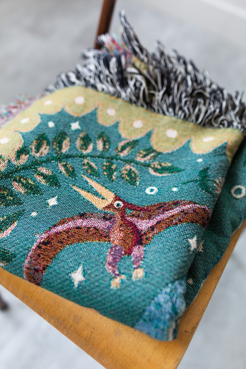 Dinosaur Personalized Throw Blanket: Woven Cotton Throw, Cute Stegosaurus Brontosaurus Triceratops, Colorful Kids Teen Bedroom, Christmas image 5